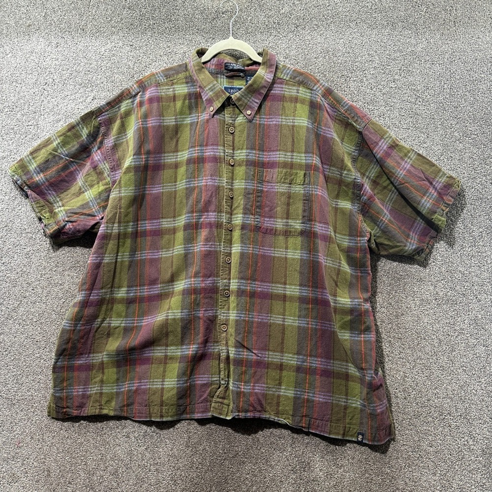 IZOD Jeans Womens 4X Linen Blend Madras Plaid Button Down Shirt Green Purple